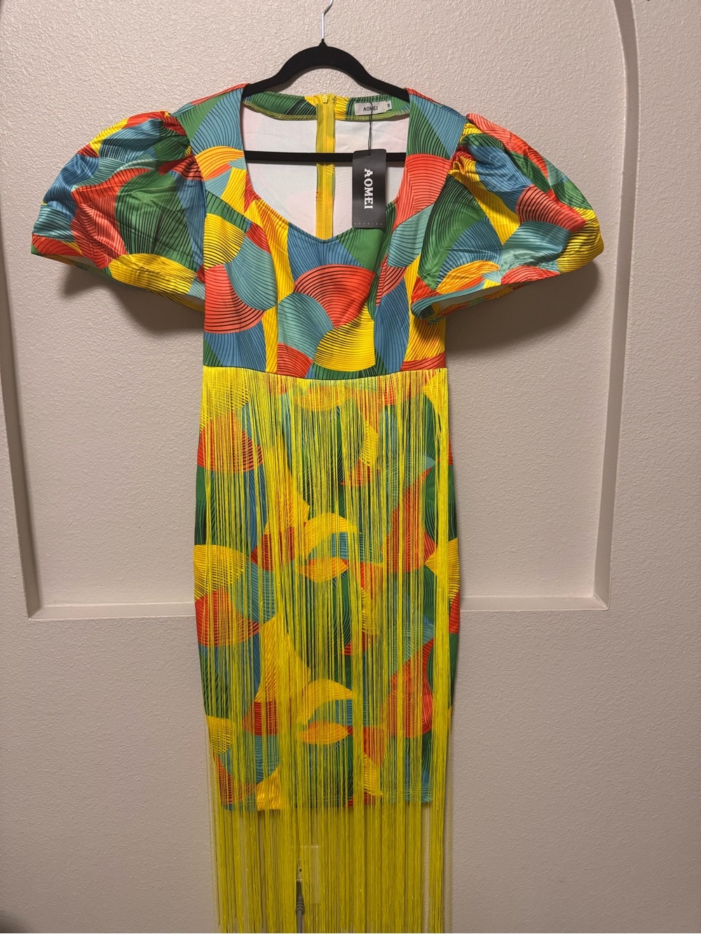 EHYOD Multicolor Fringe Midi Dress in Yellow